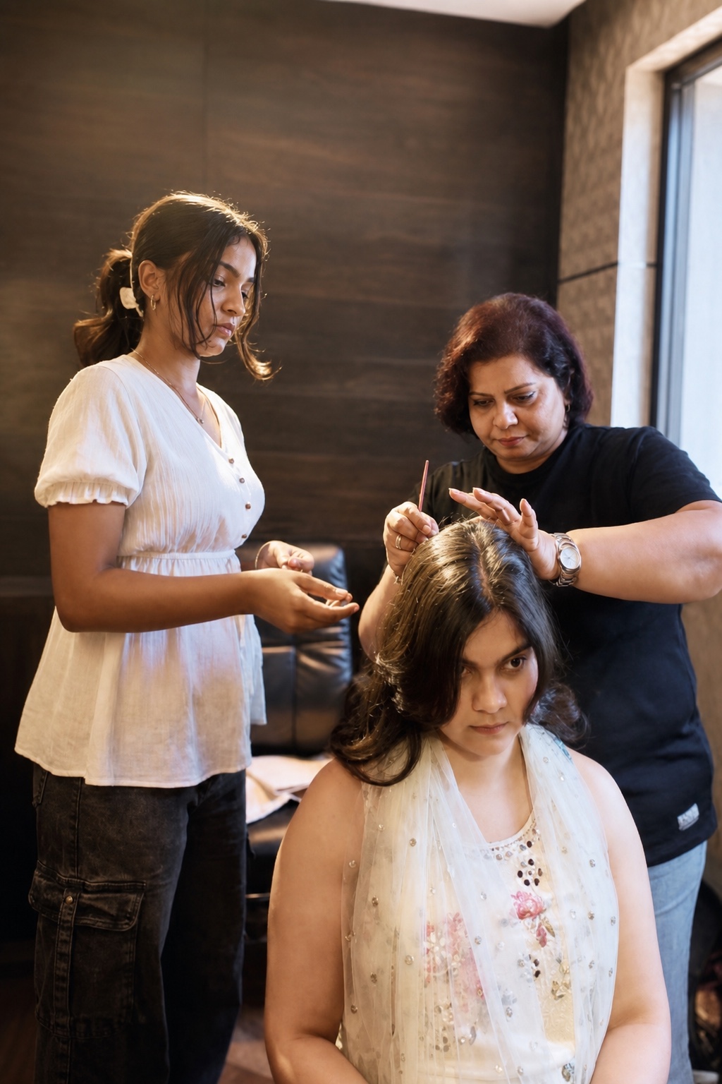 A bride seated calmly while two Salon Nayana team members prepare her hair