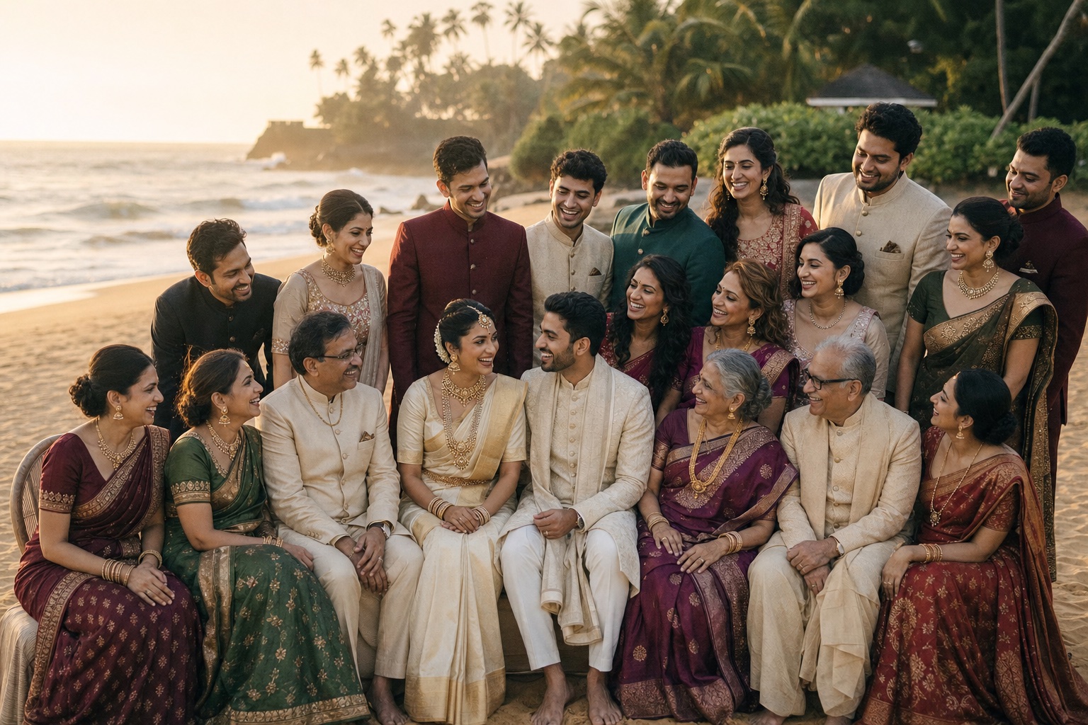 Indian bride, groom and multi-generational wedding party together on a Sri Lankan beach